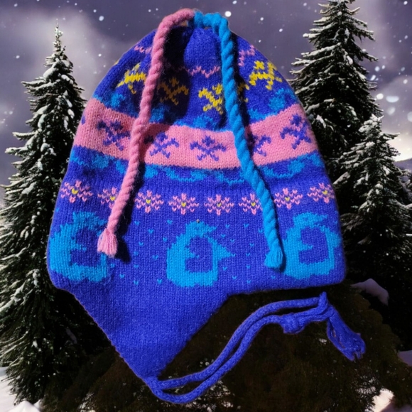 Vtg Woman's Heavy Knit Winter Ski Hat Cap Ear Flaps Cord Tassels Pink Purple - Picture 4 of 8